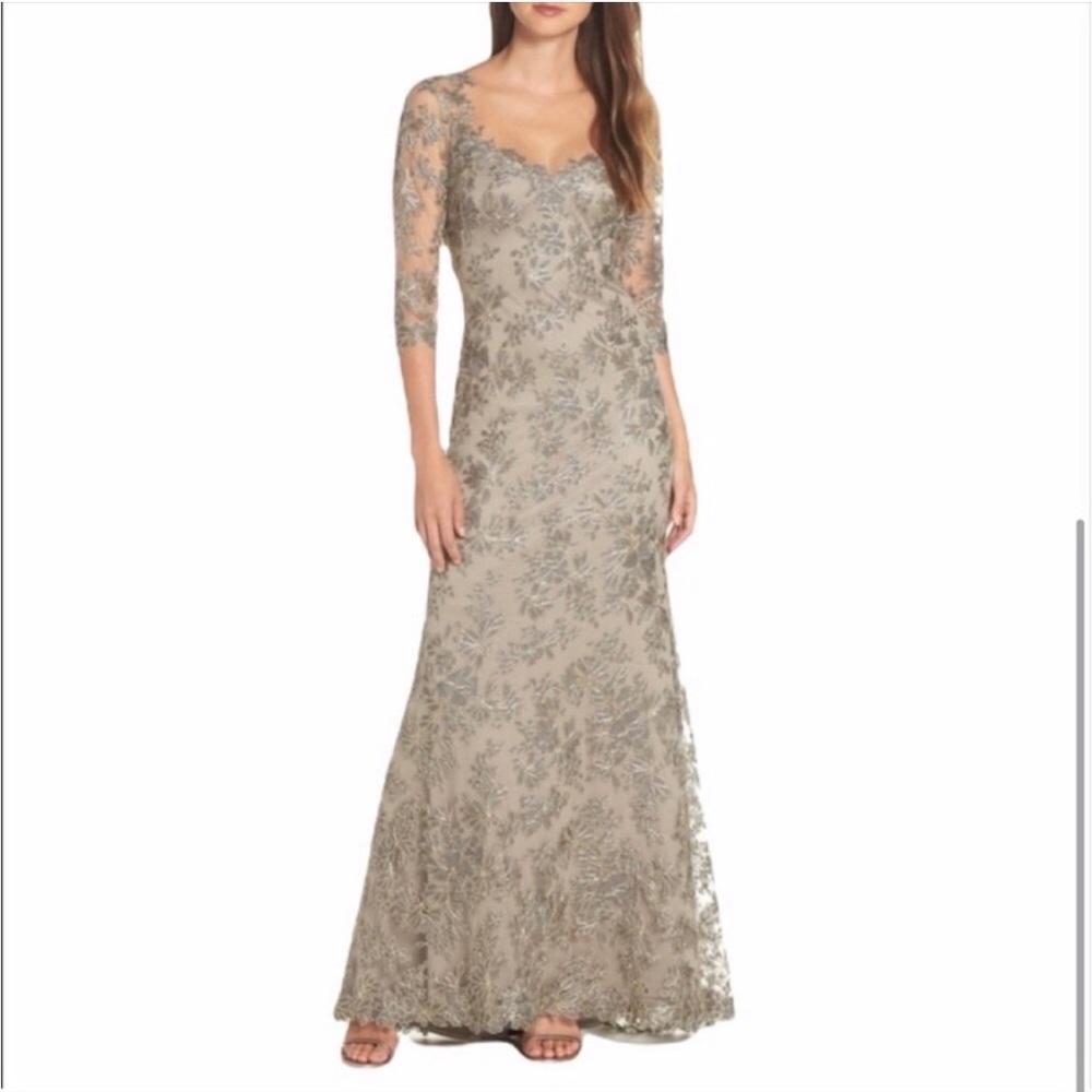 Tadashi Shoji Designer Evening Gown, Smoke Pearl, Greenish Gray Gold